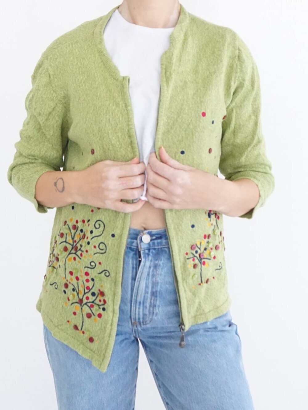 Breckenridge Green Floral Embroidered Knit Zip Cardigan Tree Flower Cottage S